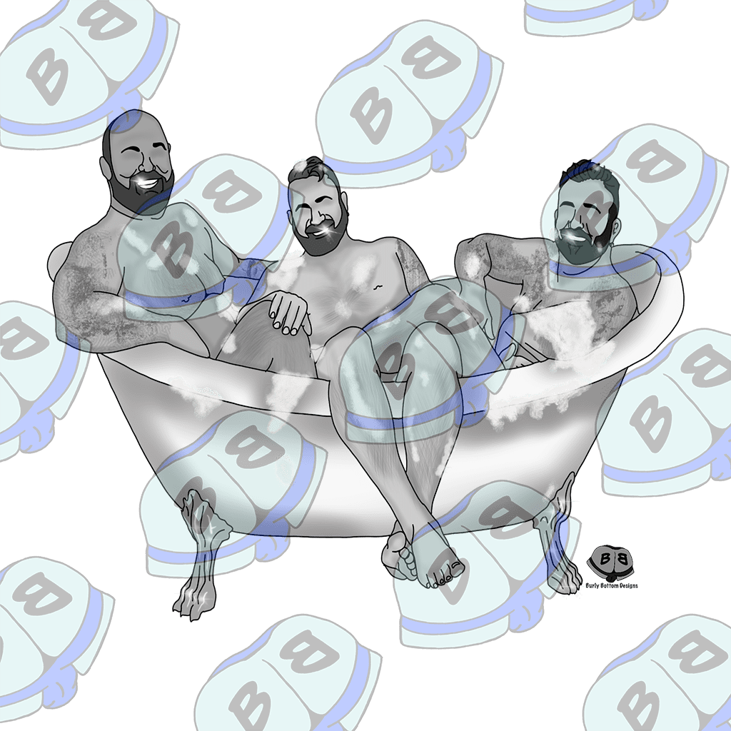 Describing subject of a drawing: You know what is better than a long hot bubble bath?  Having another man in the tub.  And what's more fun than that?  Having TWO other men in the tub!  This 2024 Get Bottom'd Winner uses shades of gray to depict a black and white photo while still allowing the background color to tint the tub.