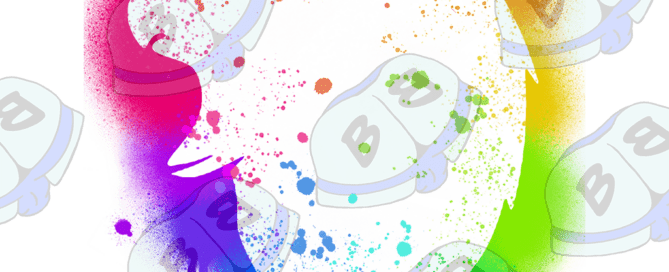 Describing subject of a drawing: The colors of the pride flag splattered around the negative space Bear Head.