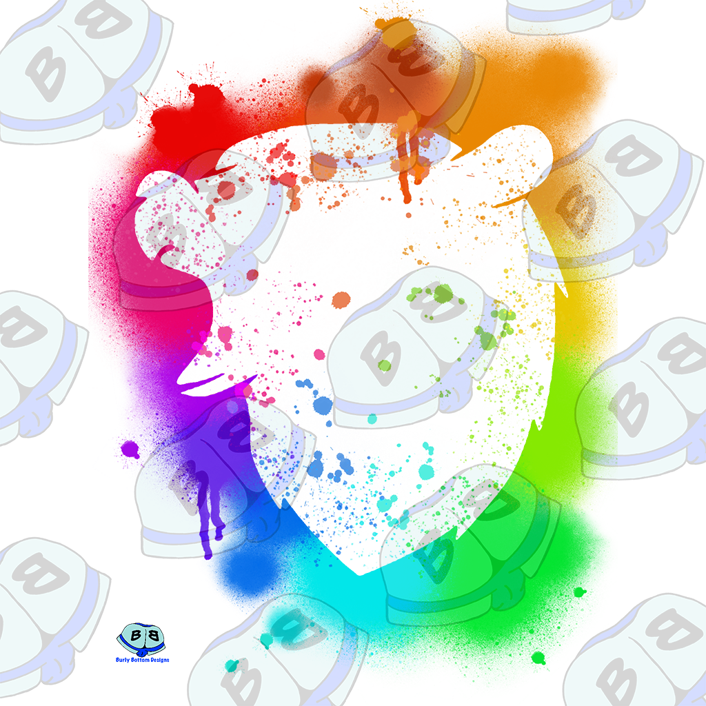 Describing subject of a drawing: The colors of the pride flag splattered around the negative space Bear Head.
