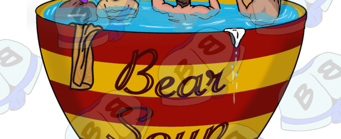 Describing subject of a drawing: What do you call a pool full of hot sexy hairy men?  Bear Soup!  Drop your suit and come on in!