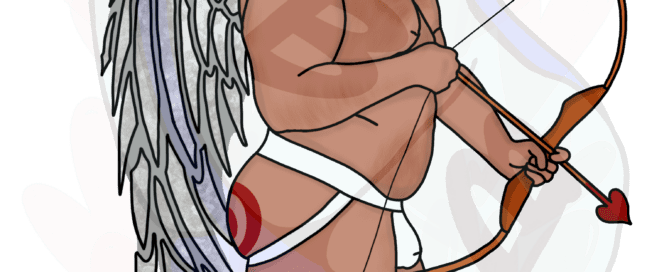 Describing subject of a drawing: Hmm.  Do I want to get shot by Cupid?  Or do I just want him to put his arrow down and sit on my face.  Life is full of tough choices
