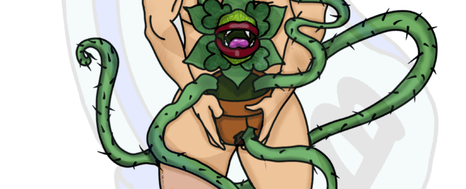 Describing subject of a drawing: I wonder of he works in a little shop and if he's seen any horrors?  But this strange little plant has great big plans!