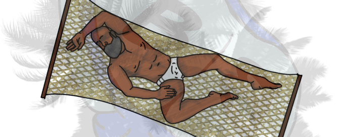 Describing subject of a drawing: Resting in the shade of big palms as the wind sways the hammock.
