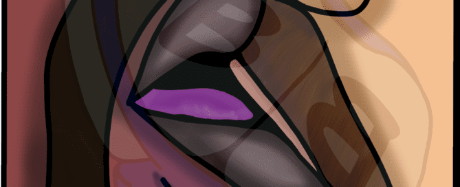 Describing subject of a drawing: This close up of two men kissing is an erotic nod to the intensity of passion
