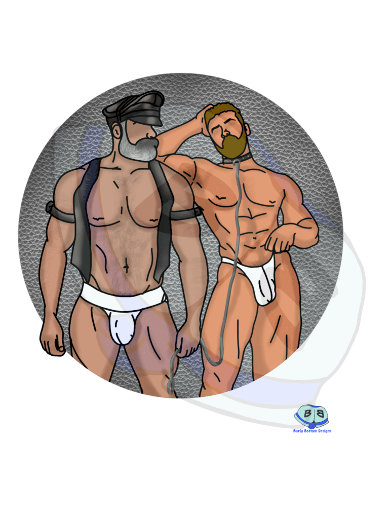 Describing subject of a drawing: Which end of the leash do you want to find yourself?