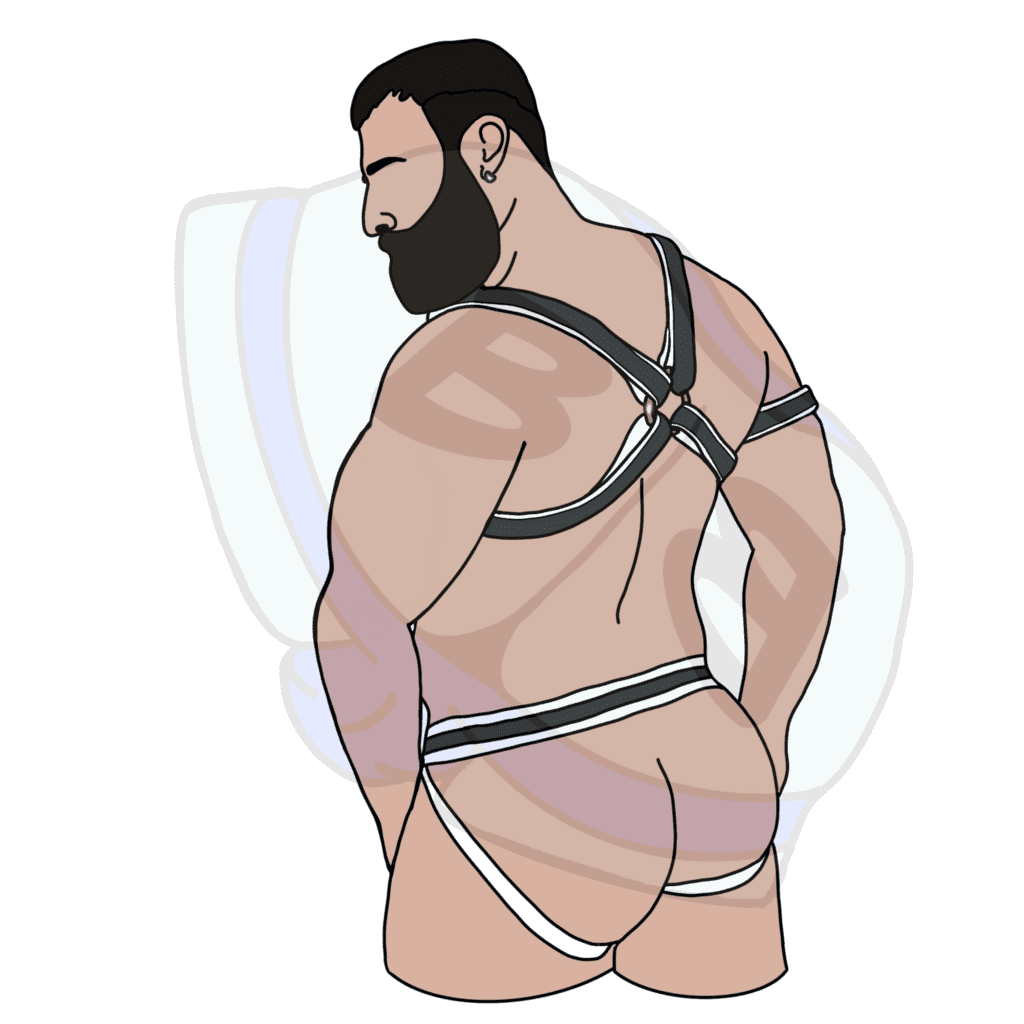 Describing subject of a drawing: A harness has become the unofficial uniform of the bear. This one has a fun pop of color :)