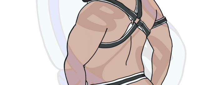 Describing subject of a drawing: A harness has become the unofficial uniform of the bear. This one has a fun pop of color :)