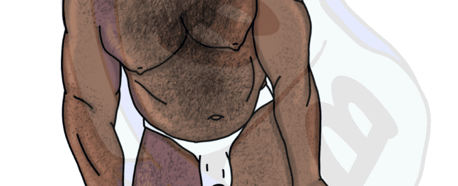 Describing subject of a drawing: This daddy needs to loose those shorts like 5 minutes ago! Unwrap that candy bar please!