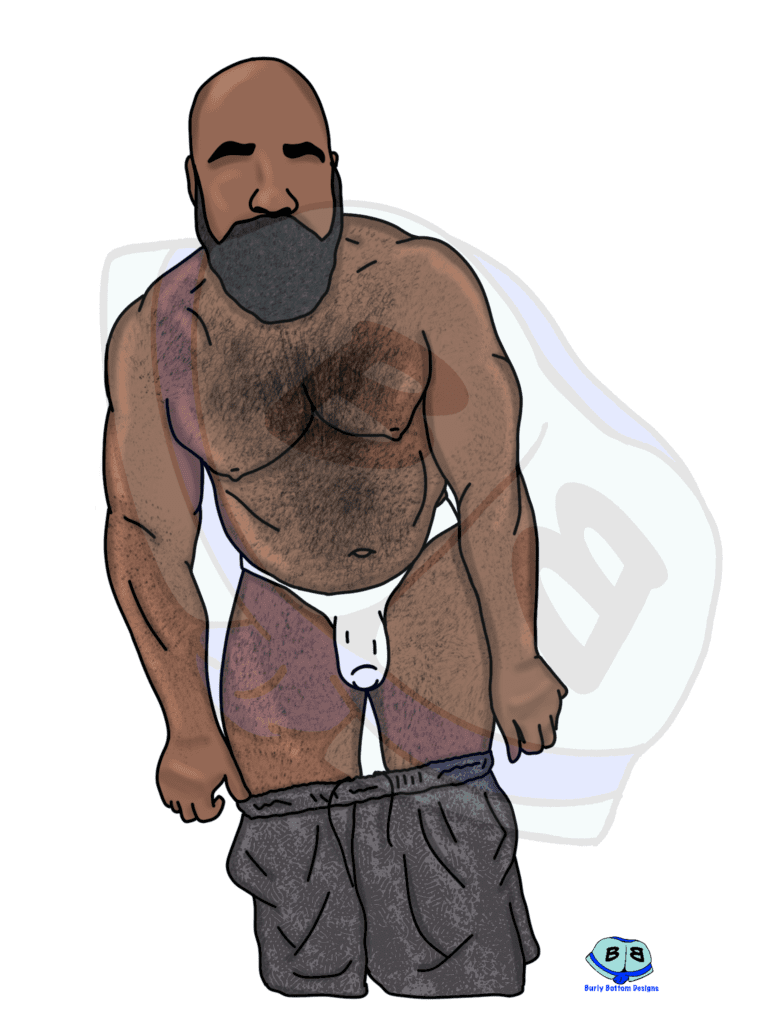 Describing subject of a drawing: This daddy needs to loose those shorts like 5 minutes ago! Unwrap that candy bar please!