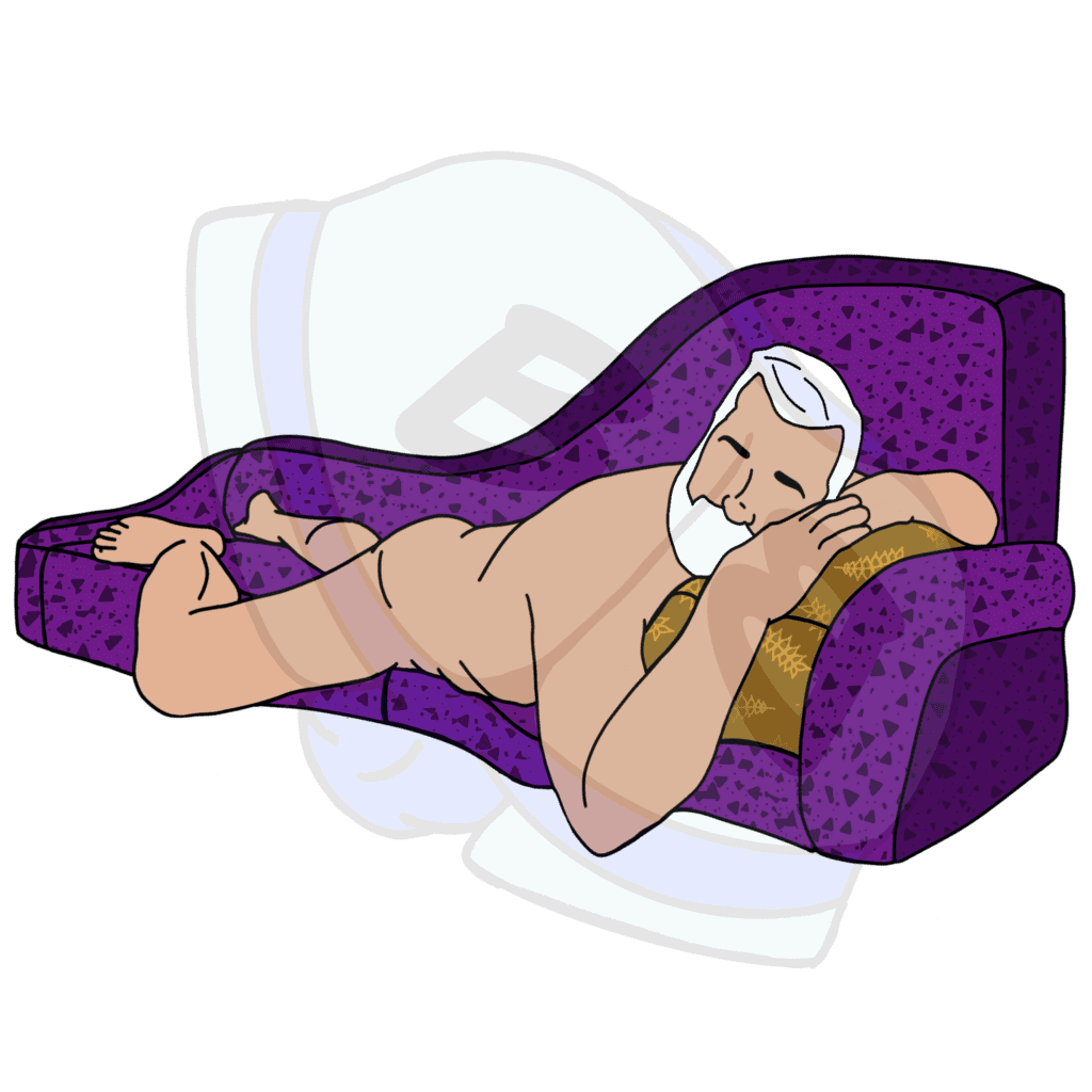 Describing subject of a drawing: One might as well be comfortable while waiting for that top to arrive that is clearly running on Gay Standard Time!