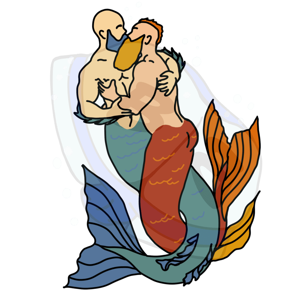 Describing subject of a drawing: These two colorful creatures have found love and heat under the sea!