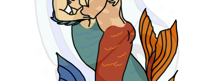 Describing subject of a drawing: These two colorful creatures have found love and heat under the sea!