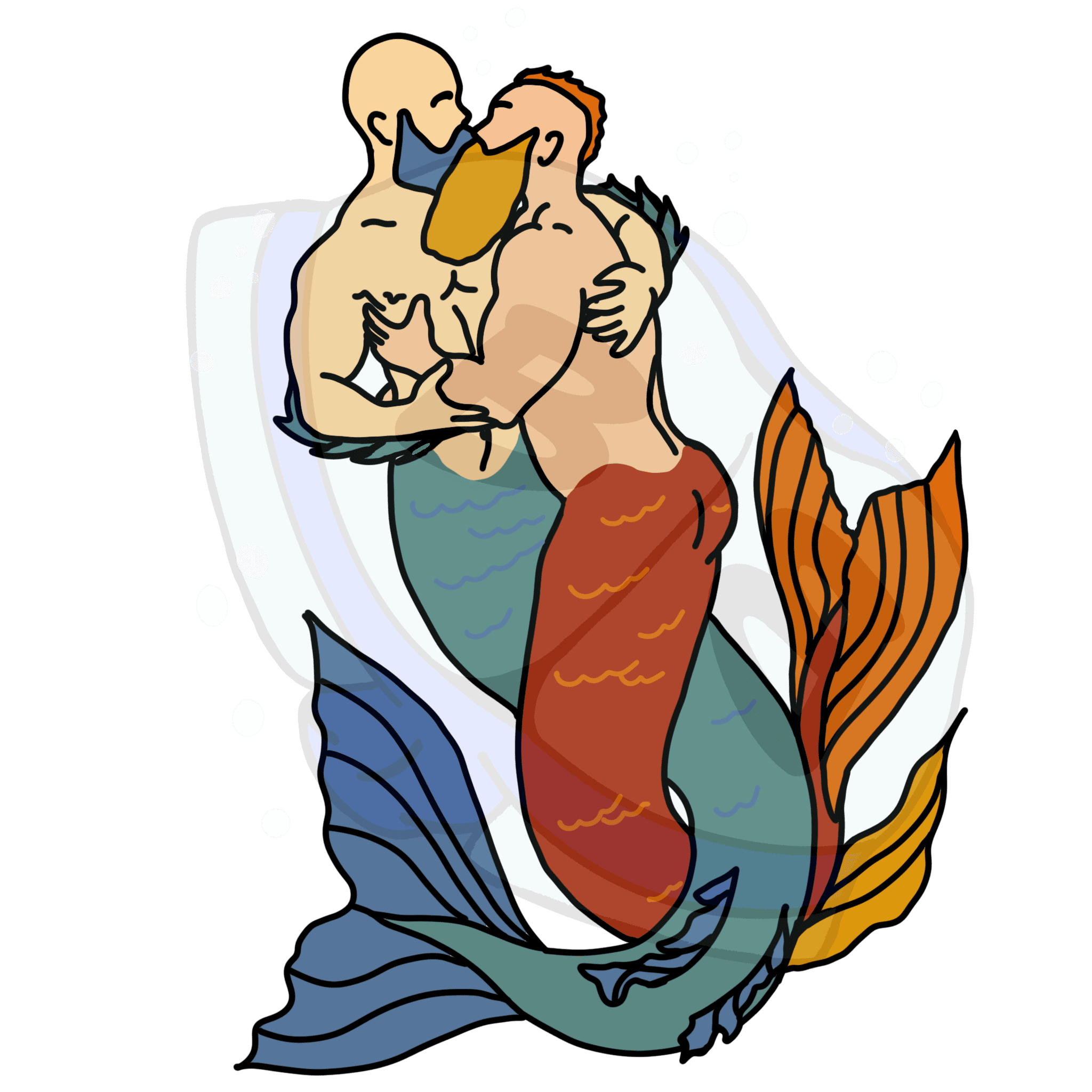 Describing subject of a drawing: These two colorful creatures have found love and heat under the sea!