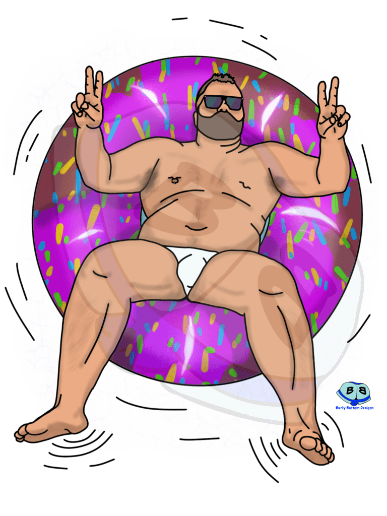Describing subject of a drawing: There is nothing quite as relaxing at floating along the river on in a pool in a big pink doughnut inner tube