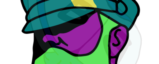 Describing subject of a drawing: A classic profile of a bearded daddy in a leather had with solid colors giving this a Pop Art feel.