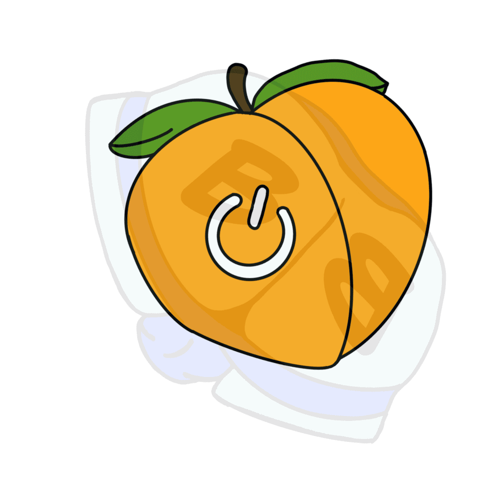 Describing subject of a drawing: Push to turn on this Power Bottom logo.  It's a power button...on a peach....get it?.....I'm hilarious.