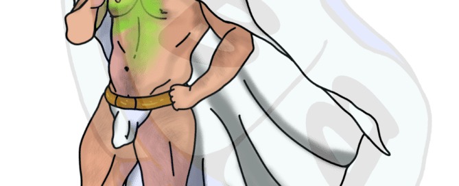 Describing subject of a drawing: Never Fear!  Daddy's Here!  A man in a superhero lycra briefs and cape can save me any day!