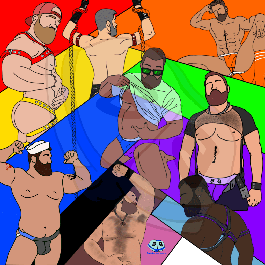 Describing subject of a drawing: Show off your pride with these sexy men on a fun colorful background.