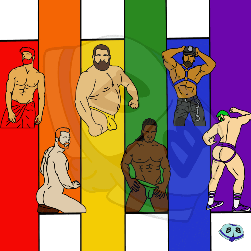 Describing subject of a drawing: Show off your pride with these sexy men on a fun colorful background.