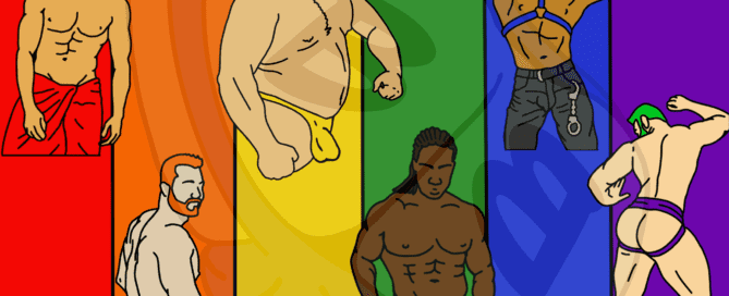Describing subject of a drawing: Show off your pride with these sexy men on a fun colorful background.