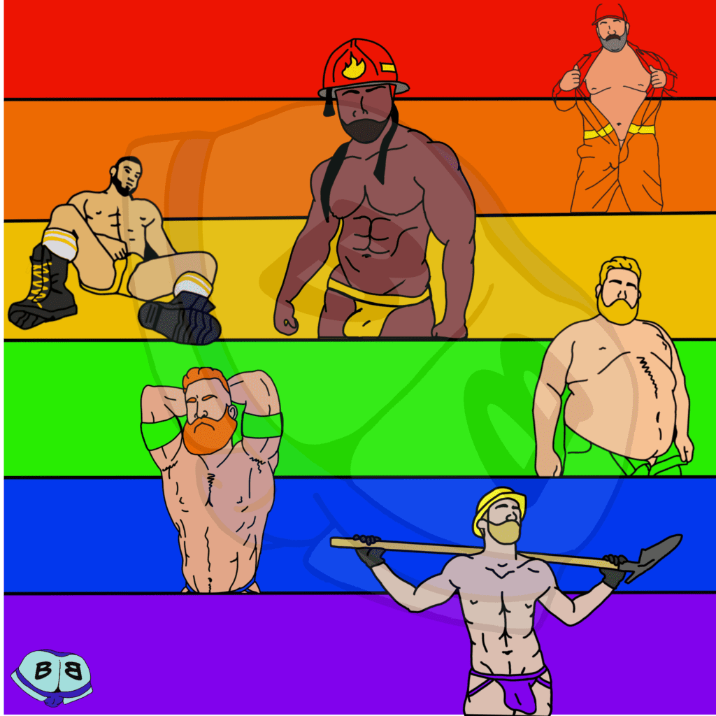 Describing subject of a drawing: Show off your pride with these sexy men on a fun colorful background.