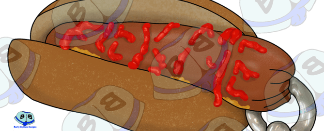 Describing subject of a drawing: Does this design make you want a hot dog?  Real bad?  Wait