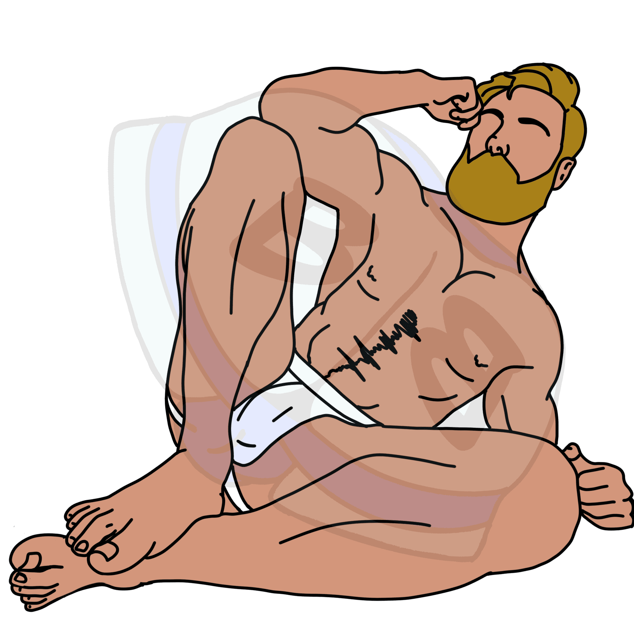 Describing subject of a drawing: Look at the size of ......... those FEET!  Oh and then there's that bulge.  Which