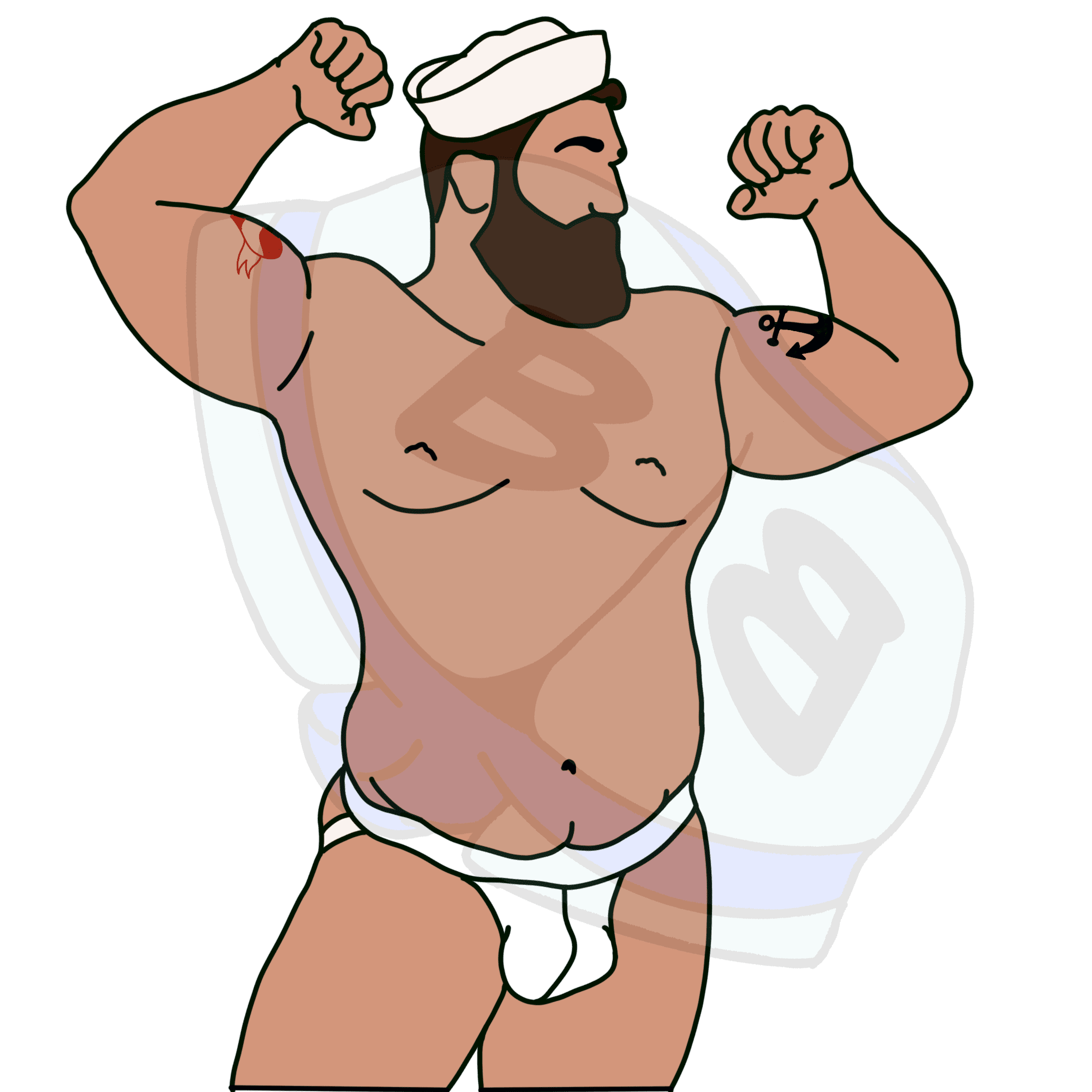 Describing subject of a drawing: Who doesn't love a good Seaman?  I bet that heart tattoo is for his mama.