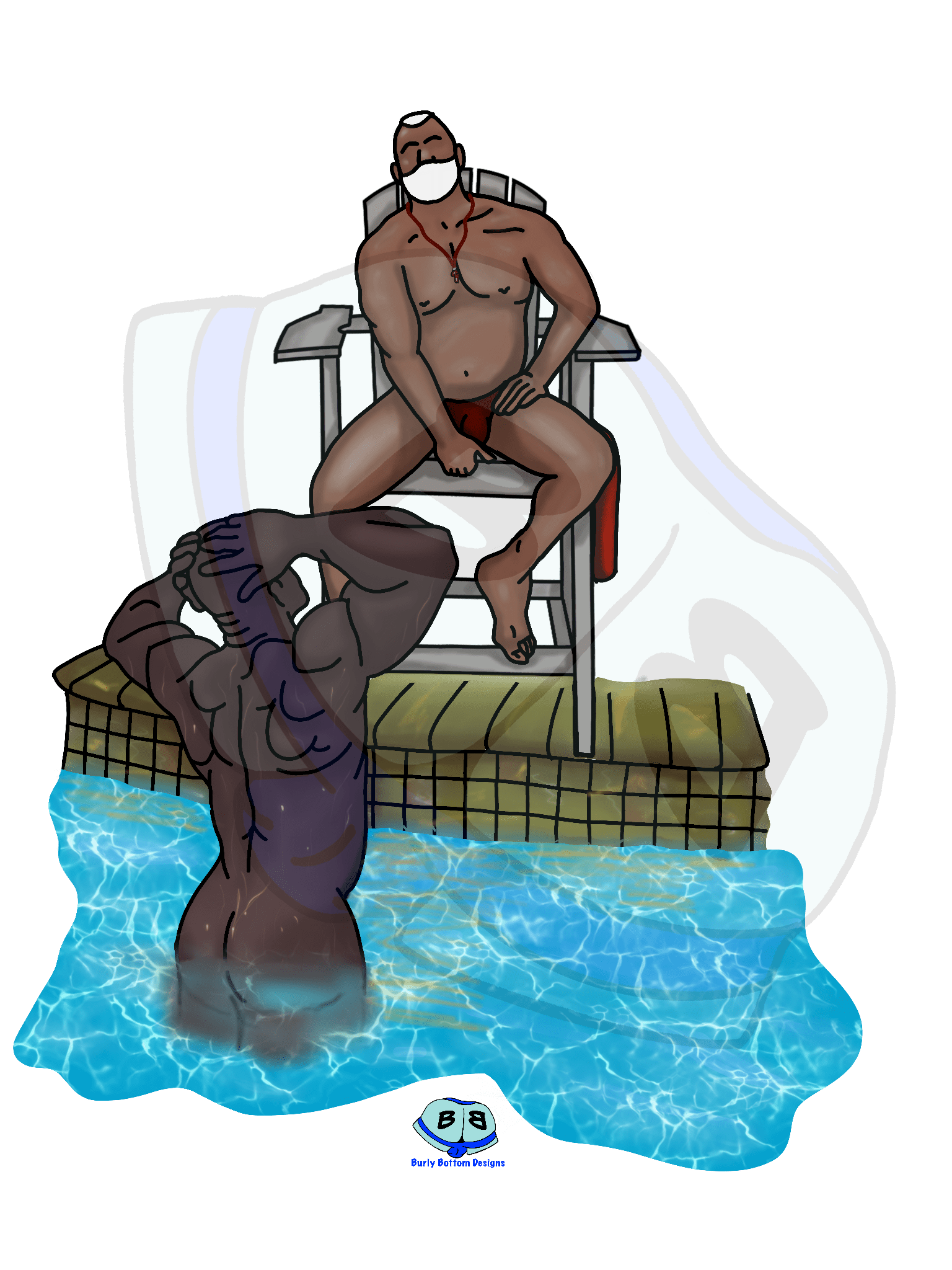 Describing subject of a drawing: It's always safer knowing that someone is trained to pull you out of the water and press their lips to yours.