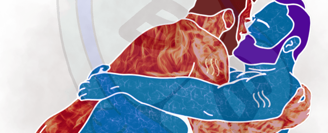 Describing subject of a drawing: When fire meets water