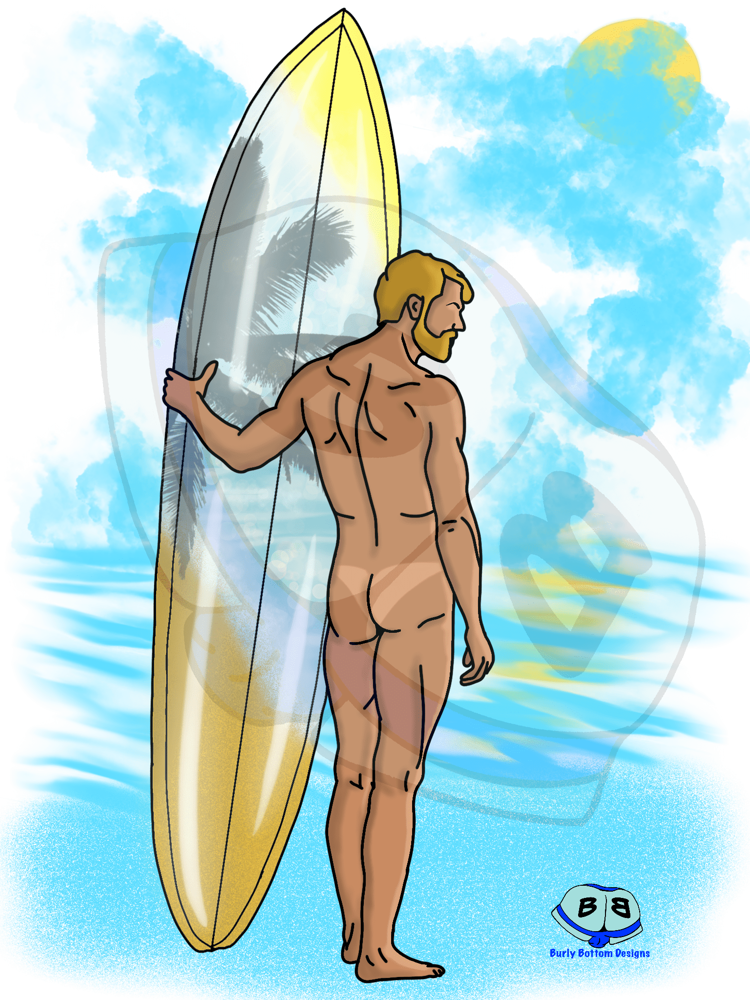 Describing subject of a drawing: One of my favorite designs that I've ever worked on.  The surfboard alone took me forever to get right!  But I love this moment of tranquil reflection.  The beach has always been my favorite place