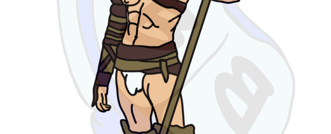 Describing subject of a drawing: A touch of fantasy to this costumed warrior who is ready for the afterparty.