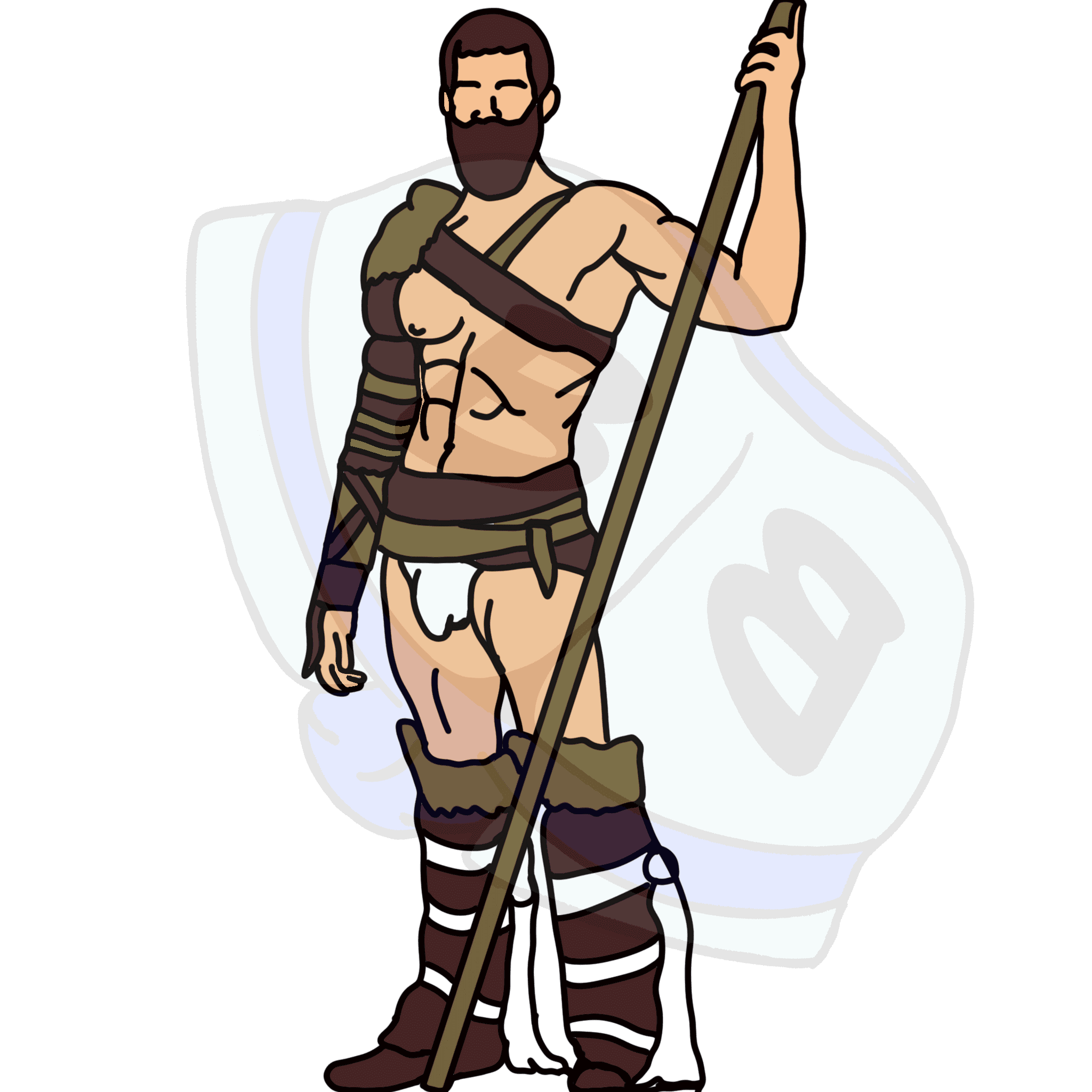 Describing subject of a drawing: A touch of fantasy to this costumed warrior who is ready for the afterparty.